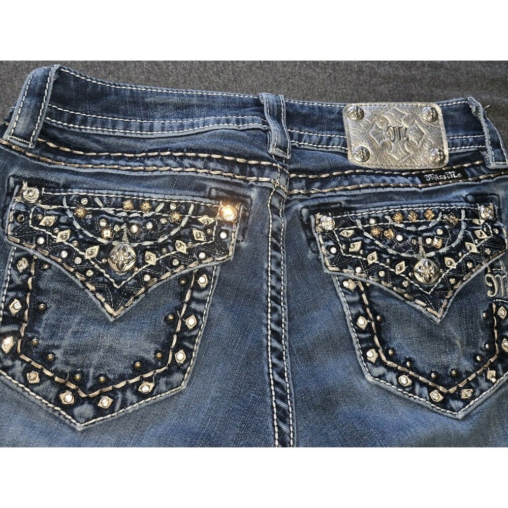Blue Denim Y2k MISS ME Distressed Low Rise Boot Cut Jeans Rhinestone Studs Sz 26